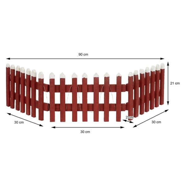 ECD Germany Deco Wood Fence med LED i rött, 90x21 cm, batteridriven, med timer, mini trädgårdsstängsel upplyst, mini-slatt staket, julgran staket