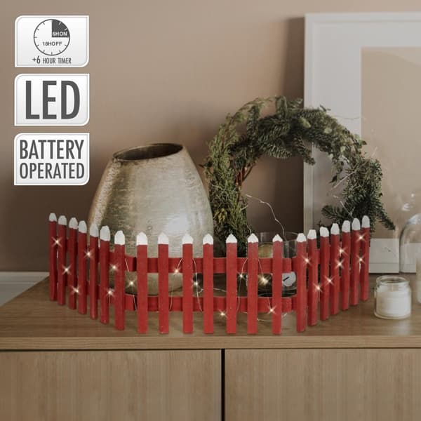 ECD Germany Deco Wood Fence med LED i rött, 90x21 cm, batteridriven, med timer, mini trädgårdsstängsel upplyst, mini-slatt staket, julgran staket