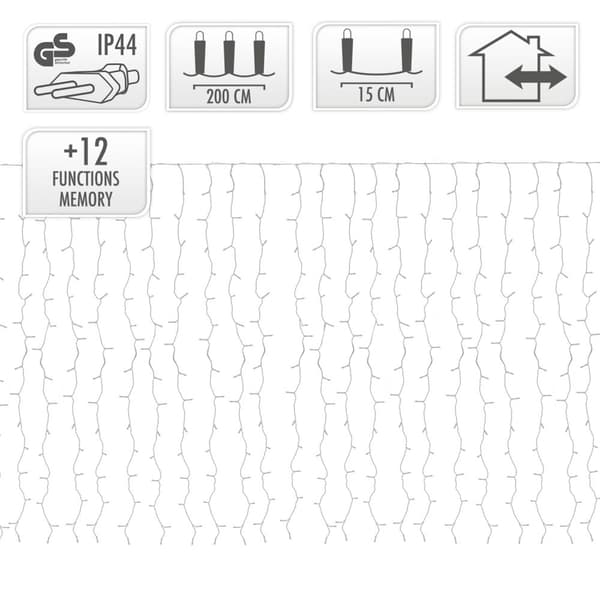 ECD Germany LED-valoverho, 2 x 1,5 m, valkoinen PVC, 240 kylmää valkoista LEDiä, 12 toimintoa, kevyet ketju, kevyt verkko, IP-44, koriste, valaistus