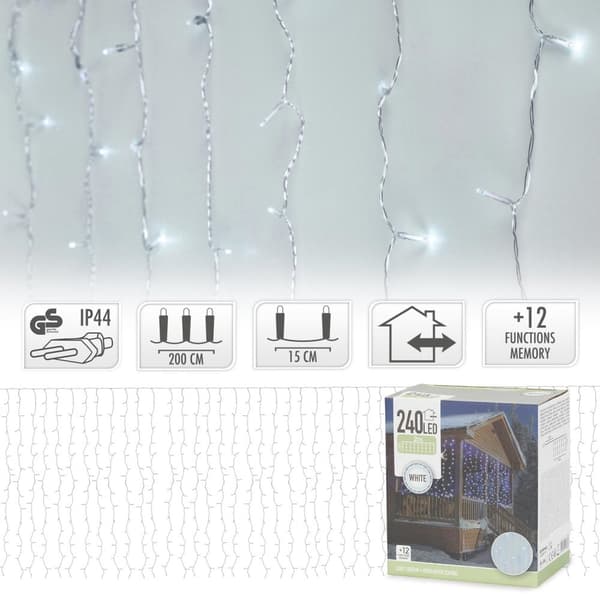ECD Germany LED-valoverho, 2 x 1,5 m, valkoinen PVC, 240 kylmää valkoista LEDiä, 12 toimintoa, kevyet ketju, kevyt verkko, IP-44, koriste, valaistus
