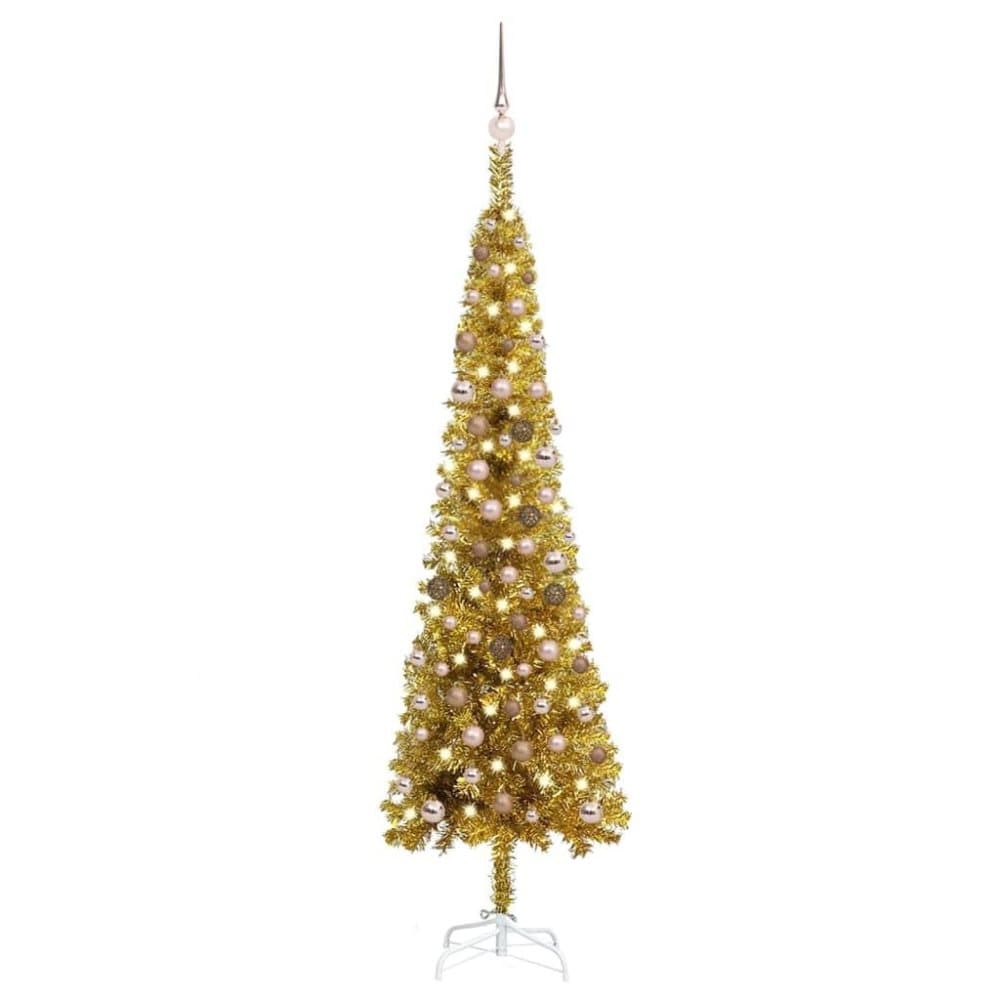 vidaXL Plastgran smal med LED och julgranskulor guld 210 cm