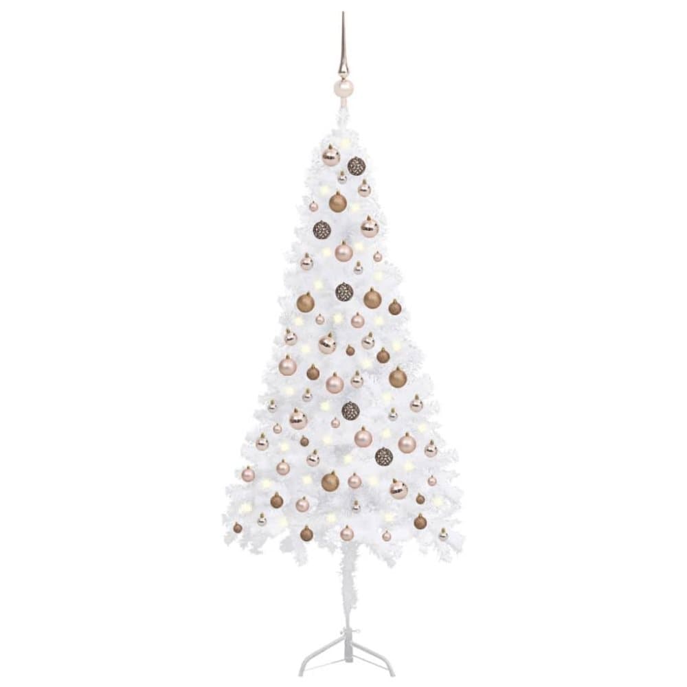 vidaXL Plastgran för hörn med LED och julgranskulor vit 150 cm PVC