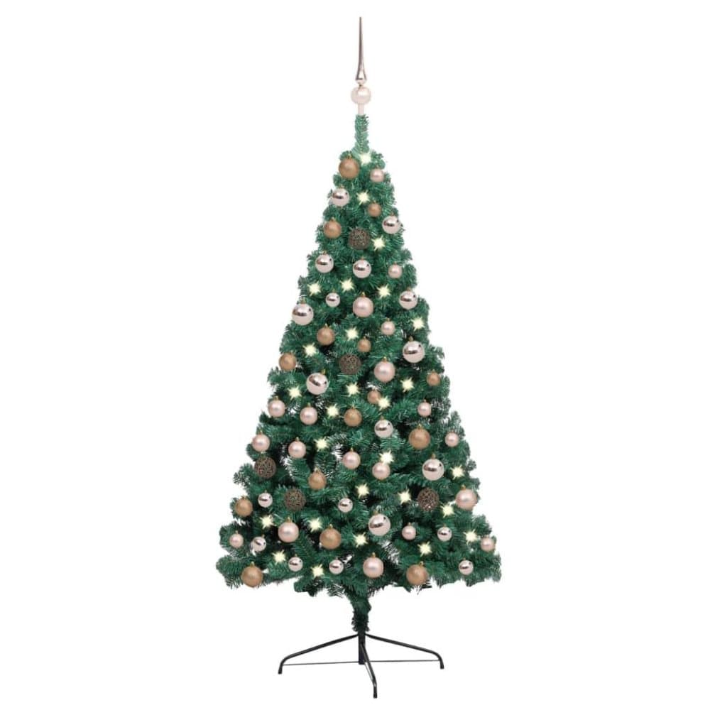 vidaXL Halv plastgran med LED och julgranskulor grön 120 cm