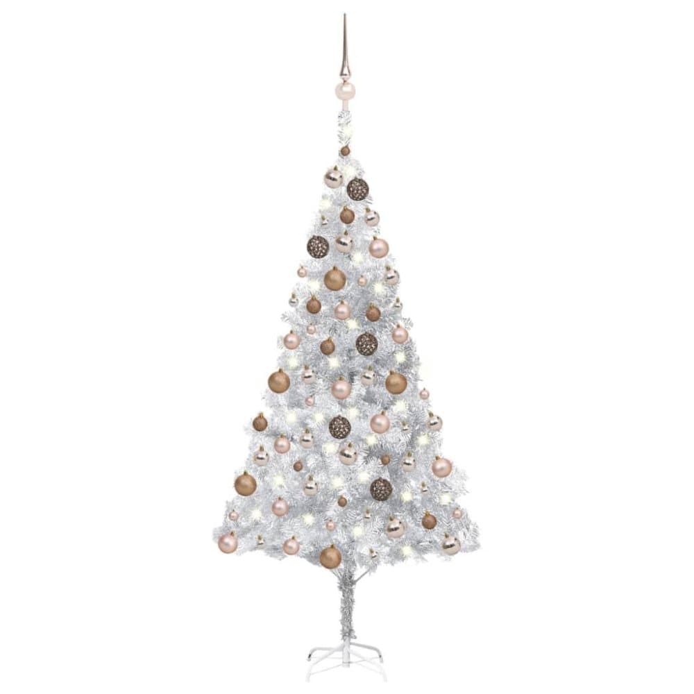 vidaXL Plastgran med LED och julgranskulor silver 180 cm PET