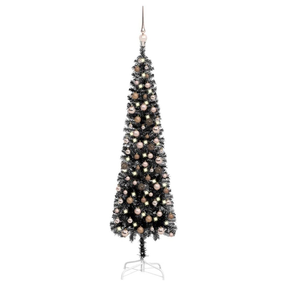 vidaXL Plastgran smal med LED och julgranskulor svart 180 cm