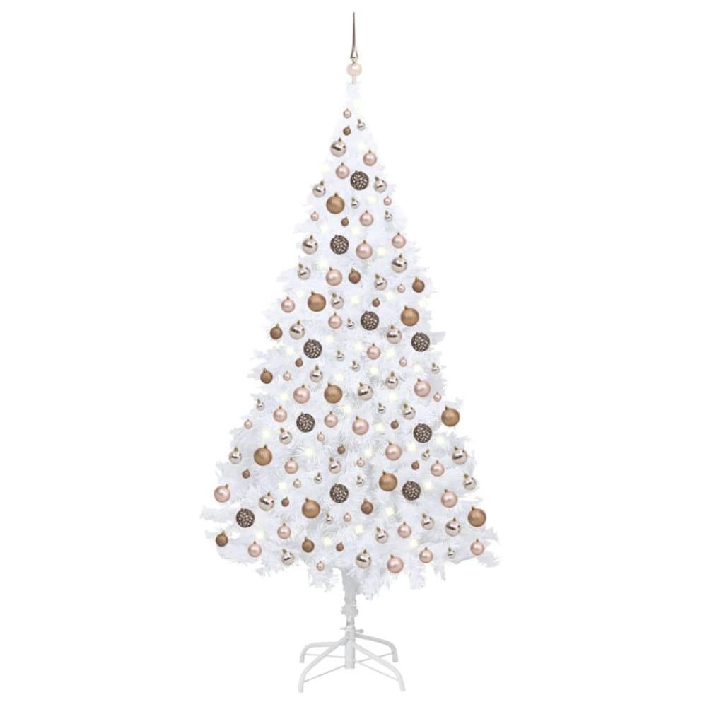 vidaXL Plastgran med LED och julgranskulor vit 210 cm PVC