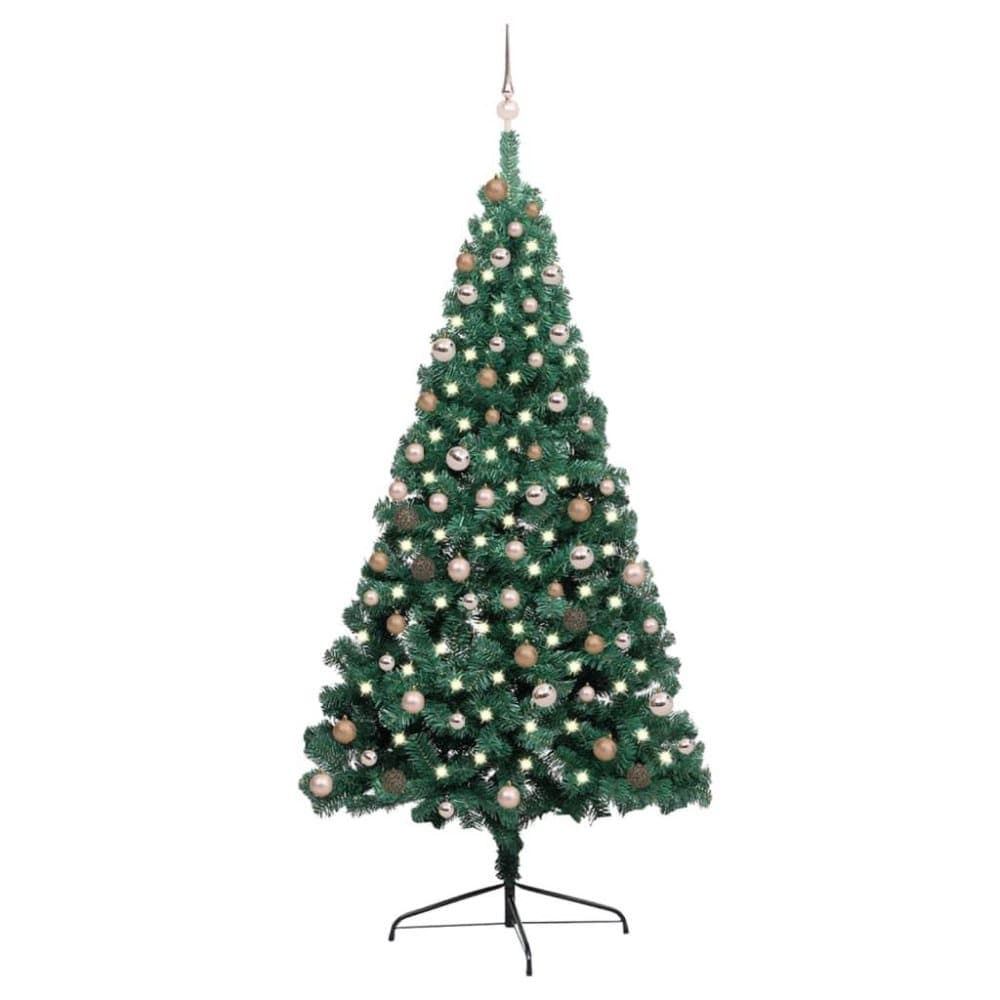 vidaXL Halv plastgran med LED och julgranskulor grön 210 cm