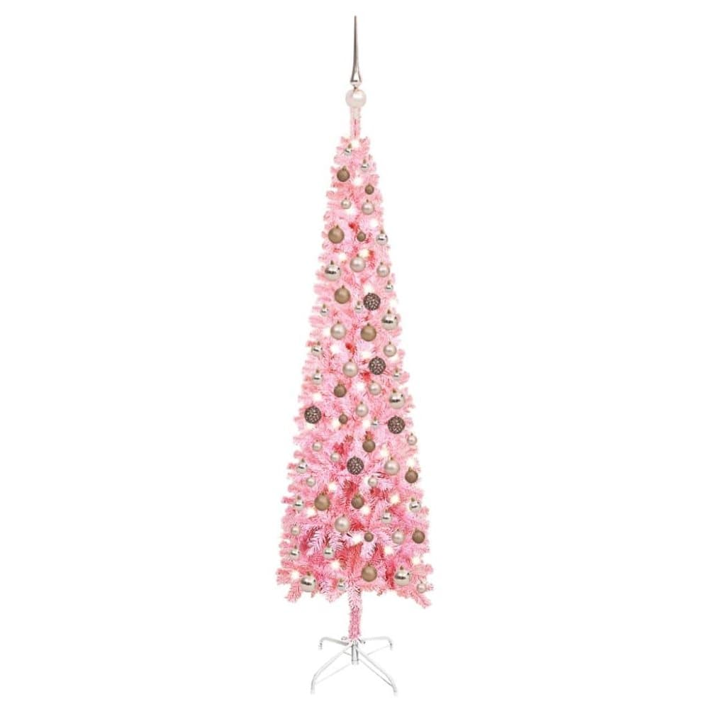 vidaXL Plastgran smal med LED och kulor rosa 150 cm