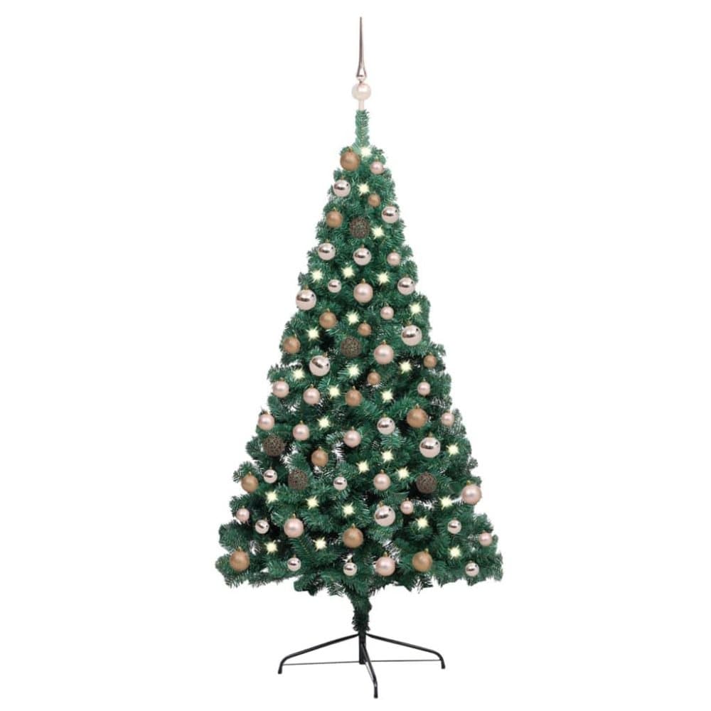 vidaXL Halv plastgran med LED och julgranskulor grön 150 cm