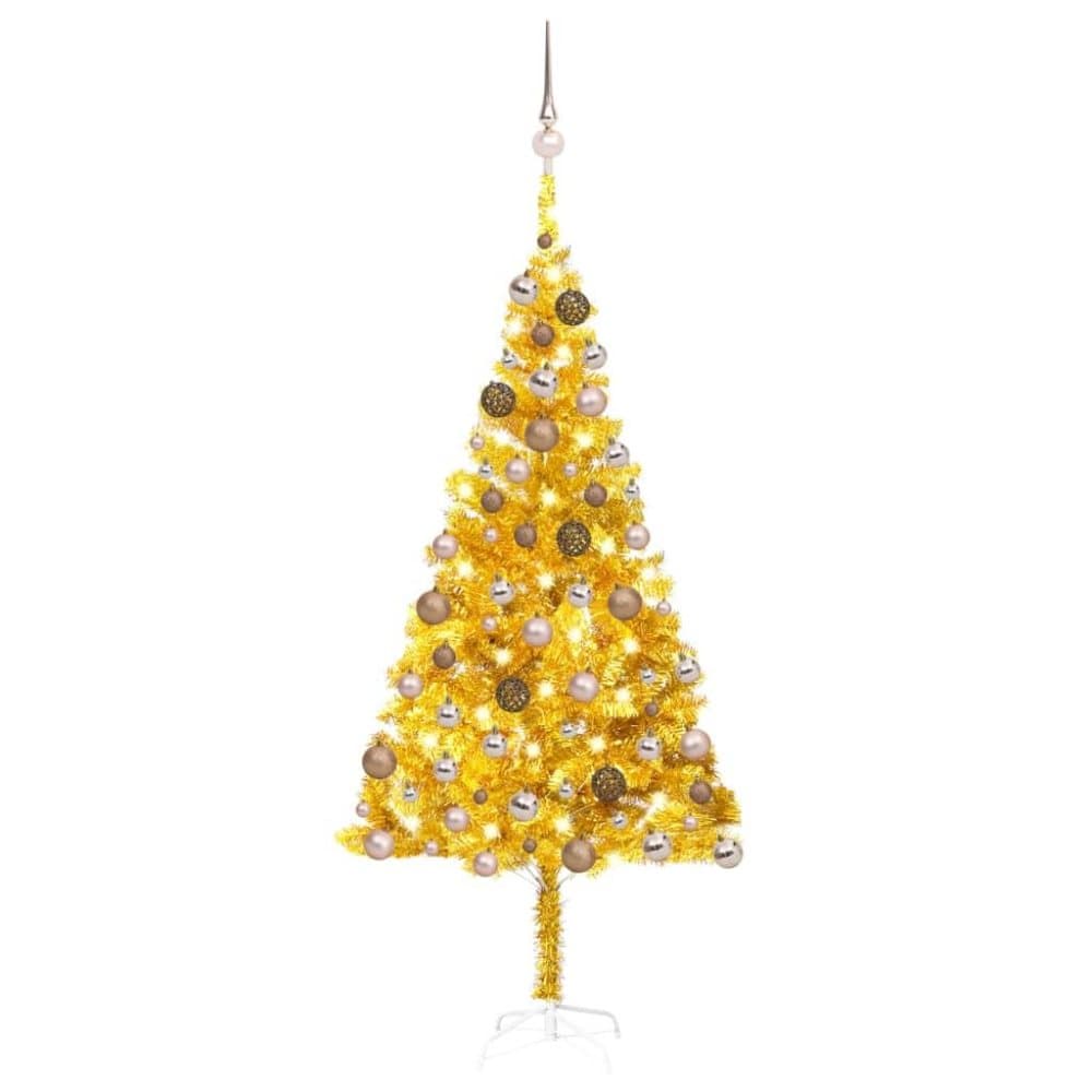 vidaXL Plastgran med LED och julgranskulor guld 180 cm PET