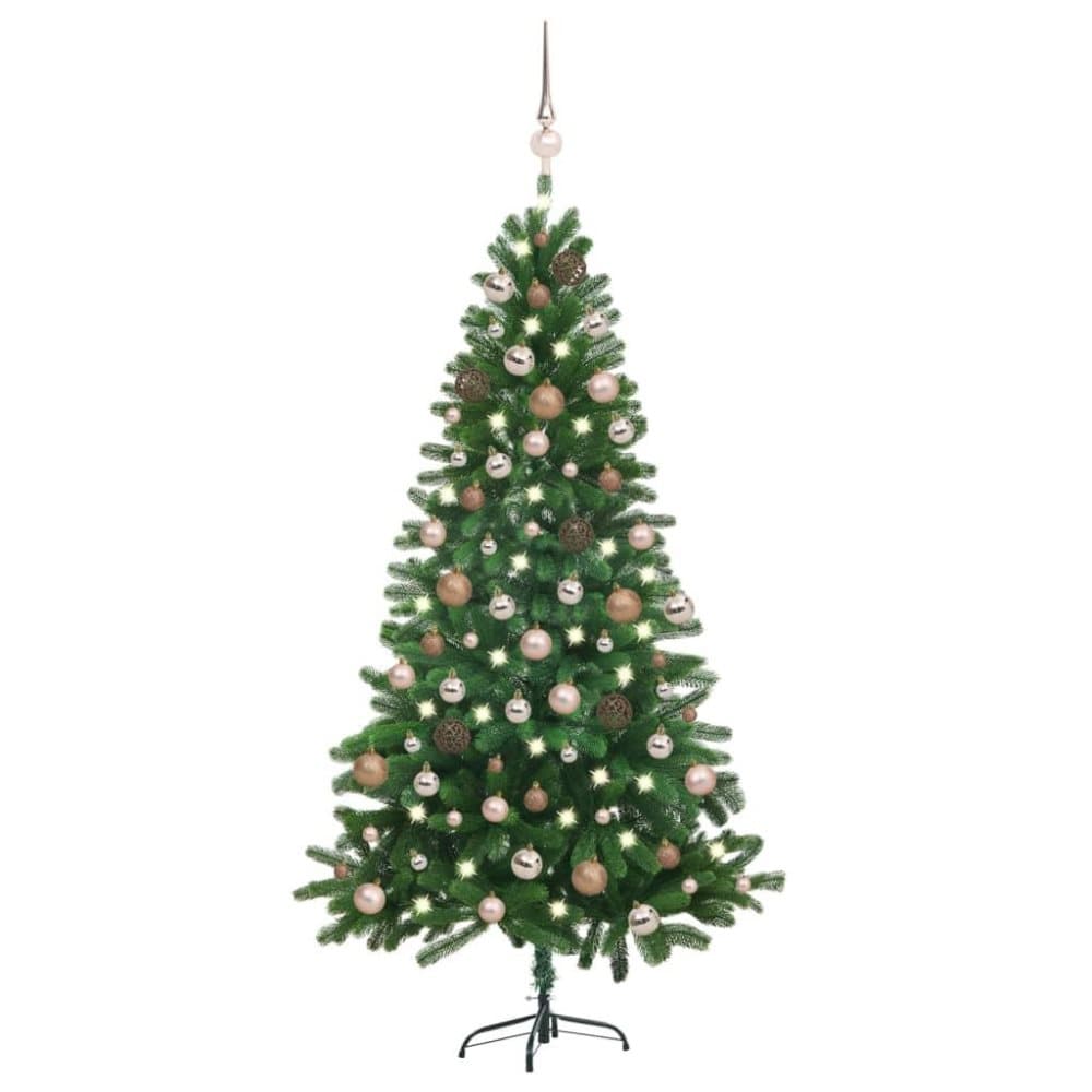 vidaXL Plastgran med LED och julgranskulor 150 cm grön