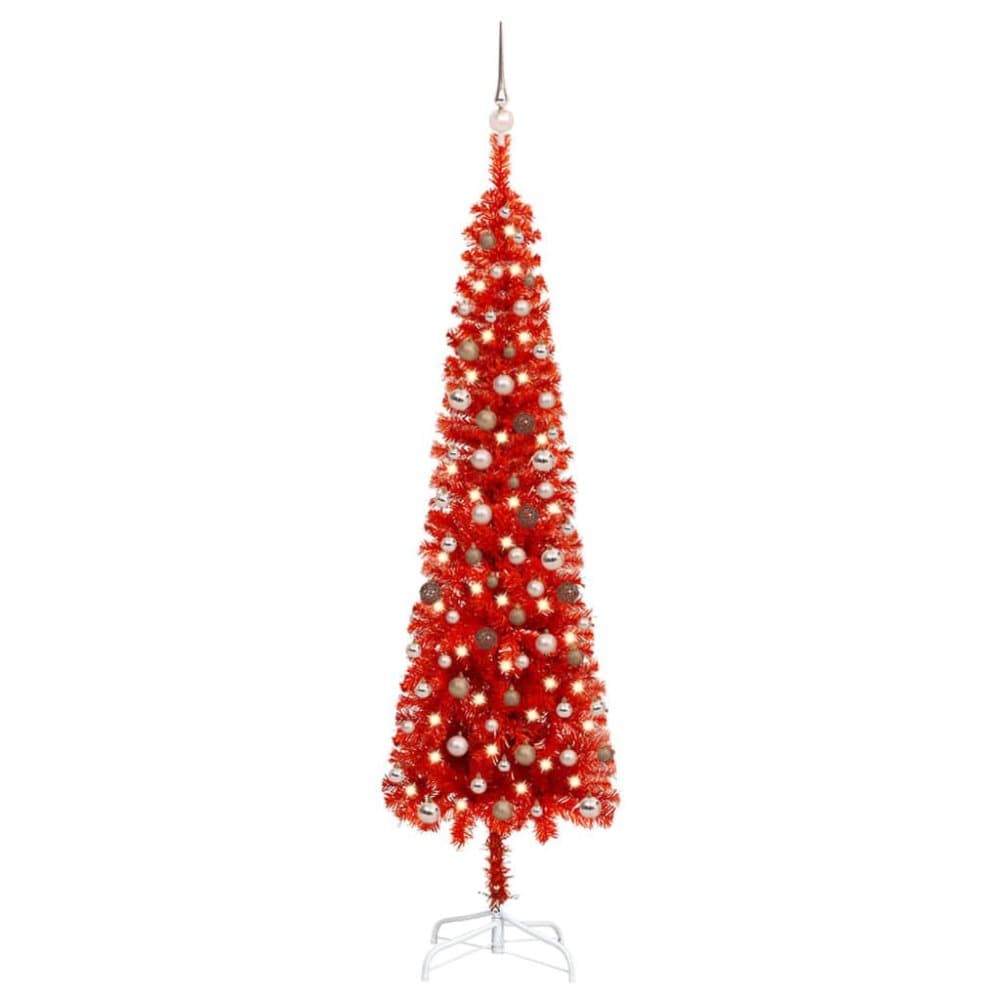 vidaXL Plastgran smal med LED och julgranskulor röd 240 cm