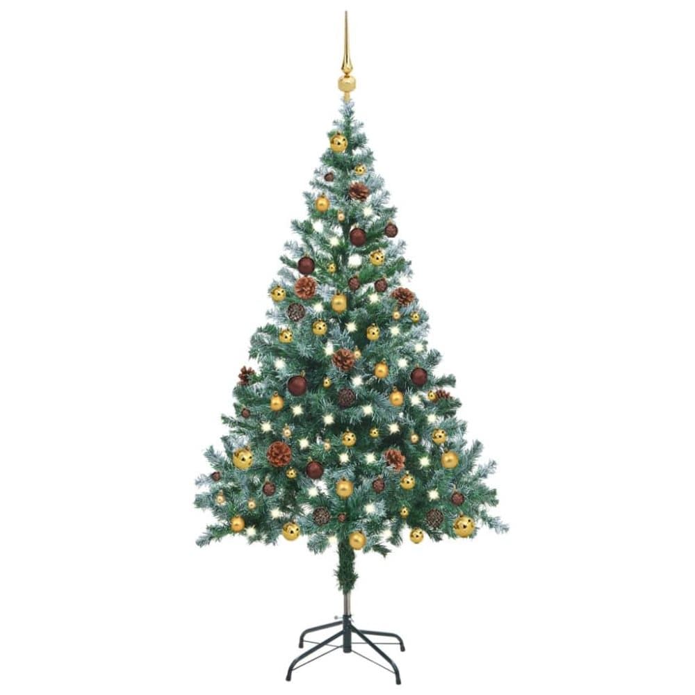 vidaXL Frostad plastgran med LED och julgranskulor och kottar 150 cm