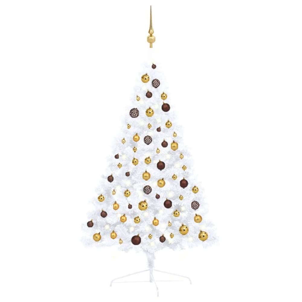 vidaXL Halv plastgran med LED och julgranskulor vit 120 cm