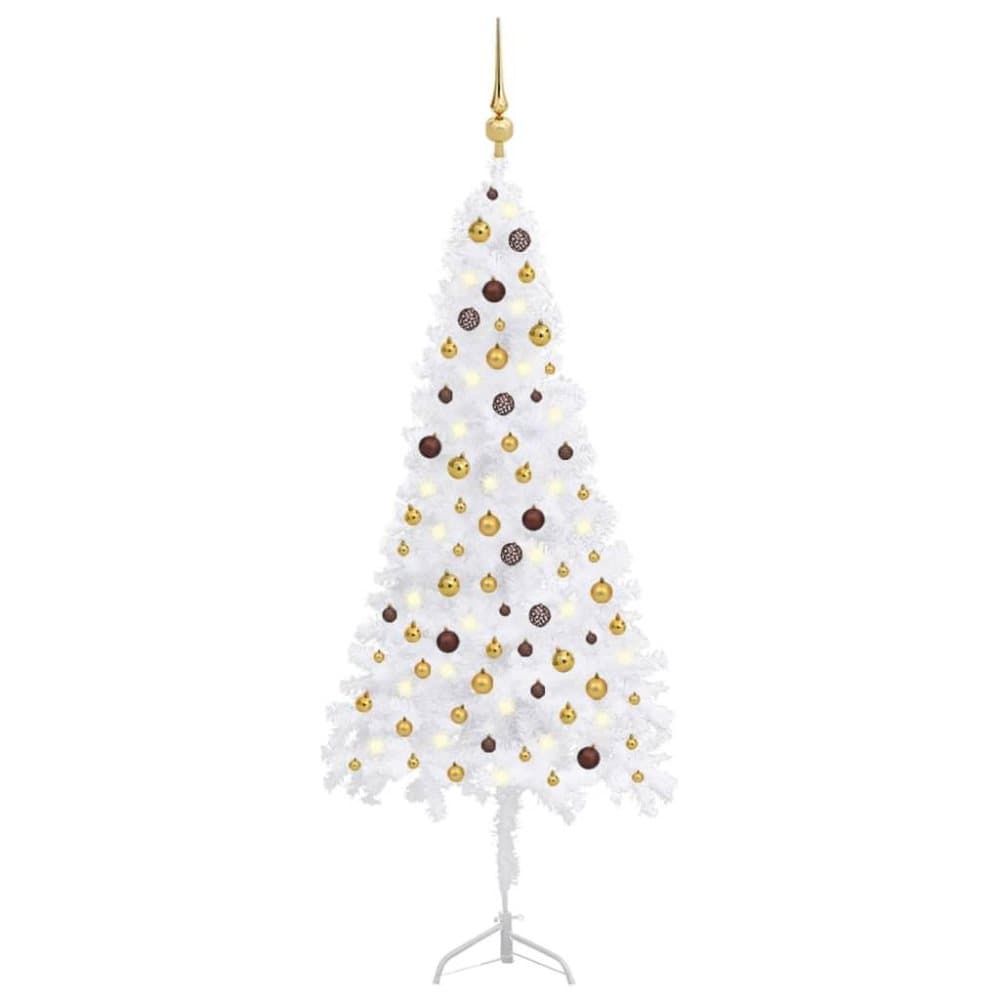 vidaXL Plastgran för hörn med LED och julgranskulor vit 210 cm PVC