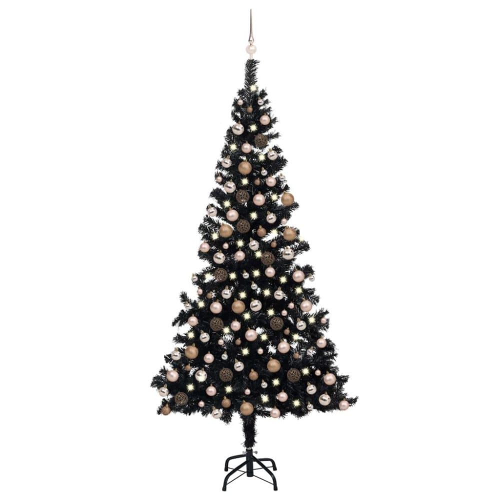 vidaXL Plastgran med LED och julgranskulor svart 240 cm PVC