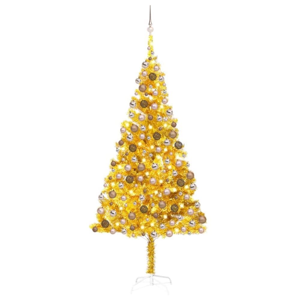vidaXL Plastgran med LED och julgranskulor guld 240 cm PET