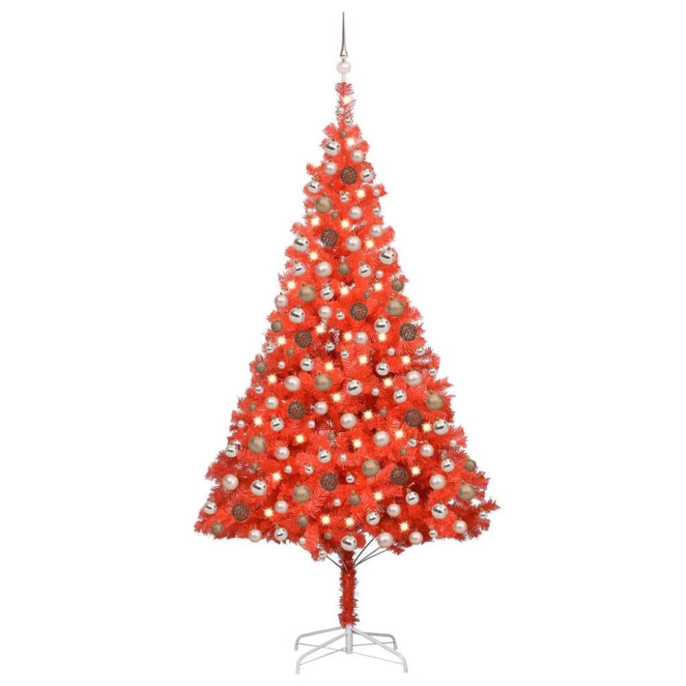 vidaXL Plastgran med LED och julgranskulor röd 240 cm PVC