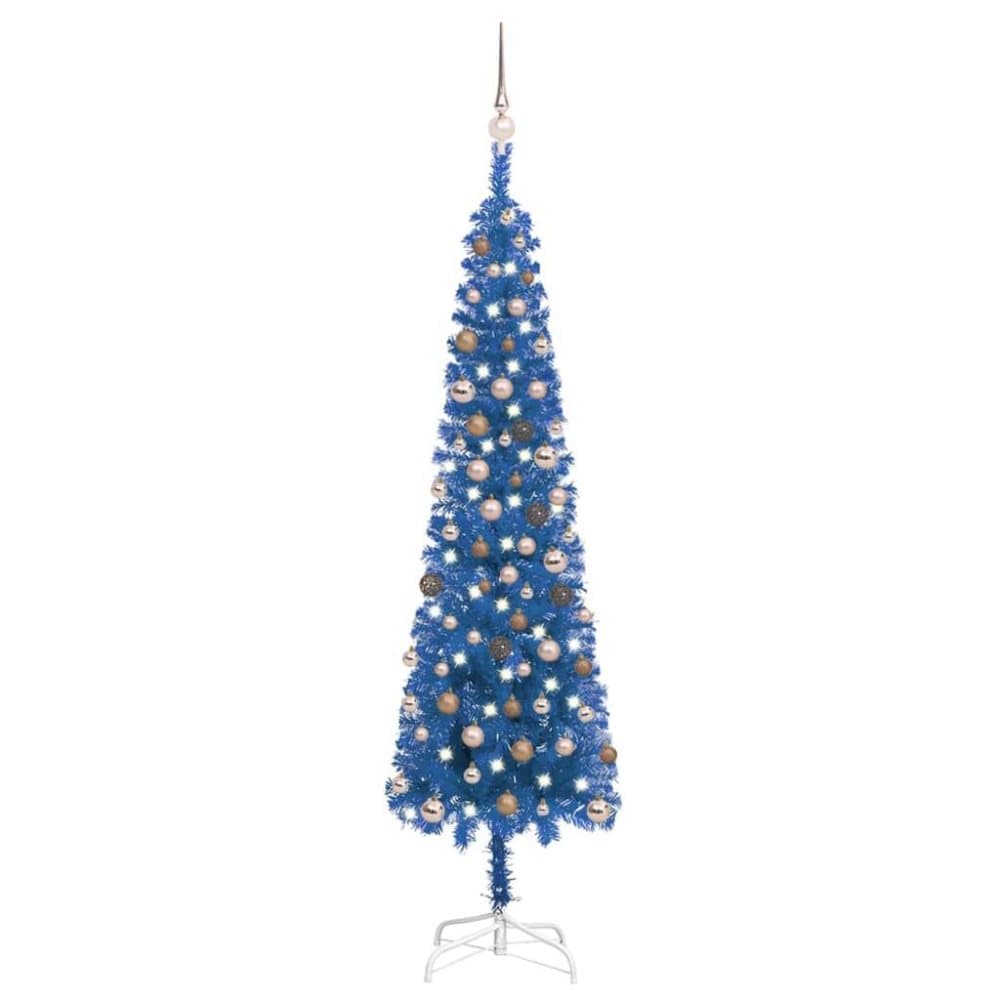 vidaXL Plastgran smal med LED och julgranskulor blå 210 cm