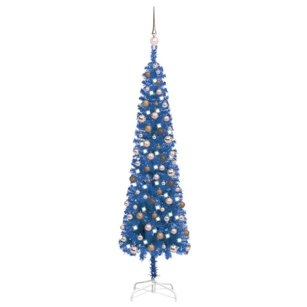 vidaXL Plastgran smal med LED och julgranskulor blå 180 cm