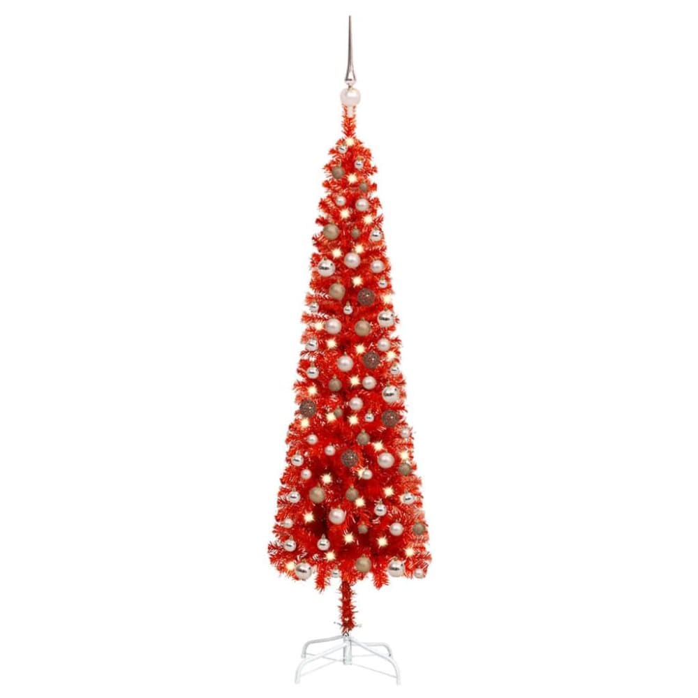 vidaXL Plastgran smal med LED och julgranskulor röd 150 cm