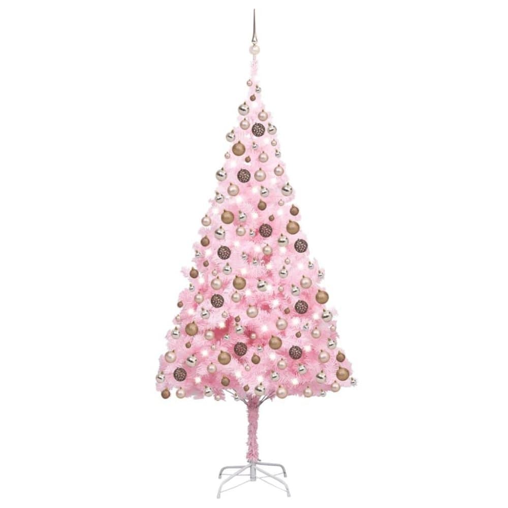 vidaXL Plastgran med LED och julgranskulor rosa 240 cm PVC