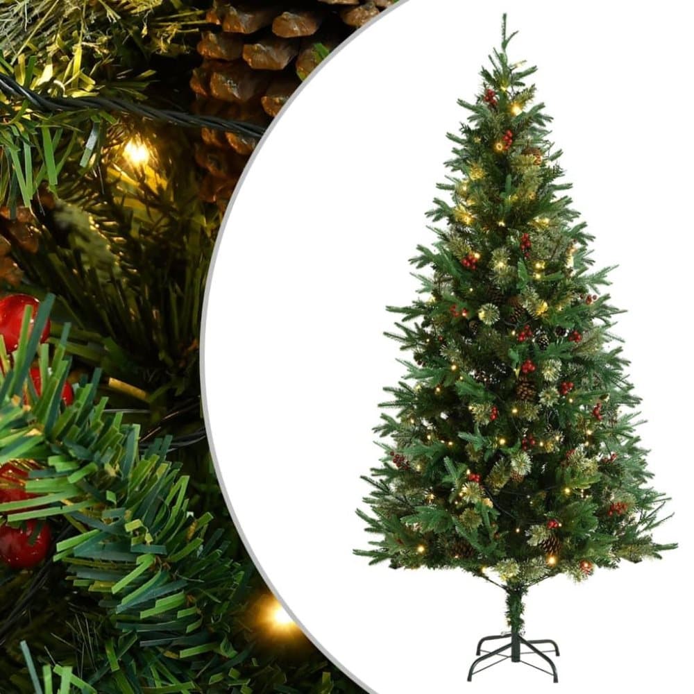 vidaXL Plastgran med ljusslinga och kottar grön 225 cm PVC&PE