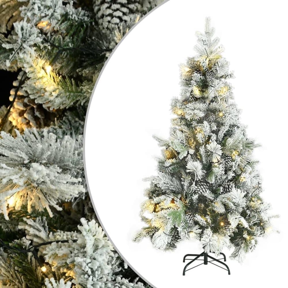 vidaXL Plastgran med snö ljusslinga och kottar 195 cm PVC&PE