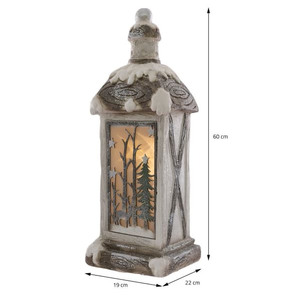 ECD Germany led jul lanterne med varmt hvidt LED lys, belyst LED lanterne til jul, 60cm, hvid, beige, grøn granbillede, snedækket, batteridrevet