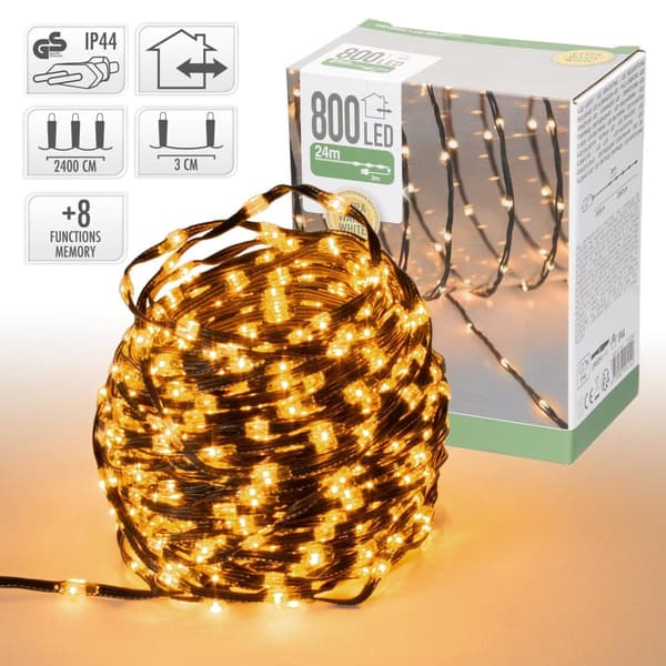 LED Micro Cluster -valoketju 24 m, jossa 800 lämpimän valkoista LEDiä ja 8 toimintoa.