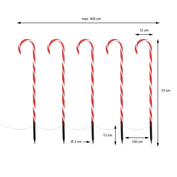 ECD Germany LED Candy Canes 5er Aseta 40 lämpimällä valkoisella LEDillä, 73cm, punainen valkoinen, akku powered, ulkona ja sisäpuolell