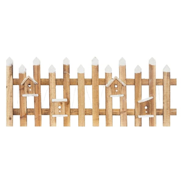ECD Germany Deco Wood Fence med LED-lysdiod, 98 x 39 cm, inkl. Fågelhus, batteridriven, med timer, mini trädgårdsstängsel upplyst mini-slatt staket