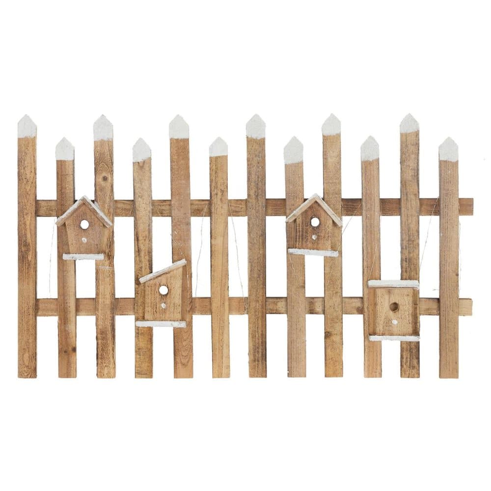 ECD Germany Deco Wood Fence med LED i naturen, 98 x 57 cm, inkl. Fågelhus, batteridriven, med timer, mini trädgårdsstängsel upplyst mini-slatt staket