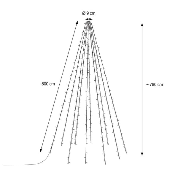 ECD Germany FlagPole Fairy Lights, 10 säikeet 8 metriä 360 LED lämpimässä valkoisessa puissa, sis. 10 Heringen ja 10 kaapelitiivisteet, musta, IP44