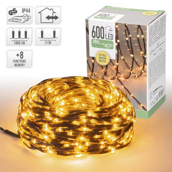 Joulukuusen koristeet LED Micro Cluster valoketju 18 m, jossa on 600 lämpimän valkoista LEDiä ja 8 toimintoa.