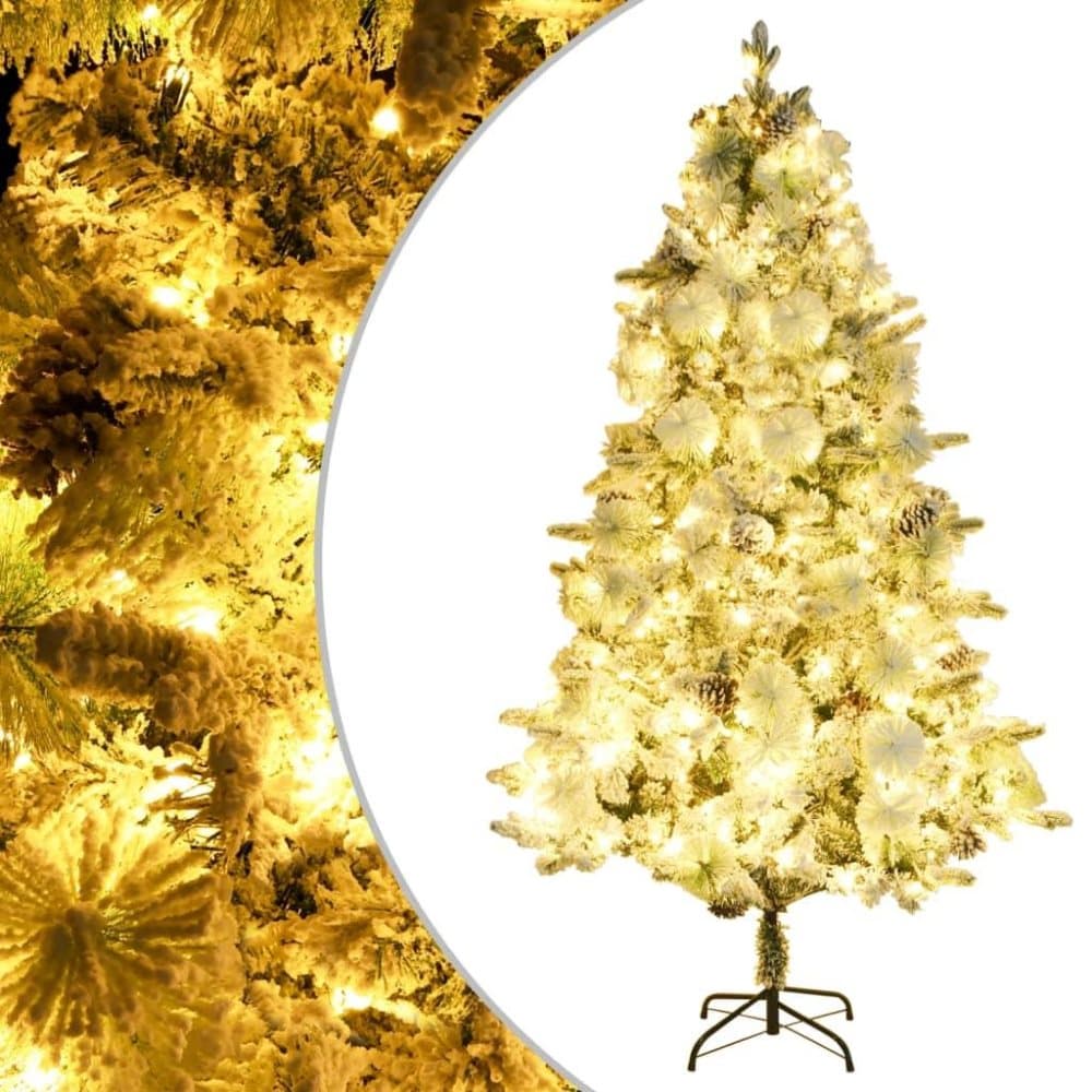 vidaXL Plastgran med snö ljusslinga och kottar 225 cm PVC&PE