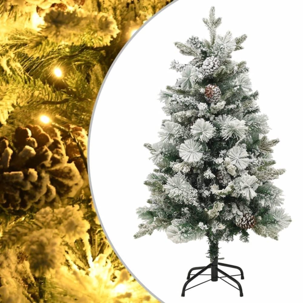 vidaXL Plastgran med snö ljusslinga och kottar 150 cm PVC&PE