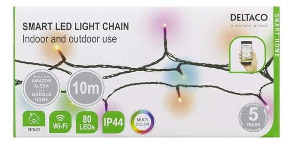 DELTACO SMART HOME WiFi lyskjede, 10m, 80 led, adapter, IP44, RGB