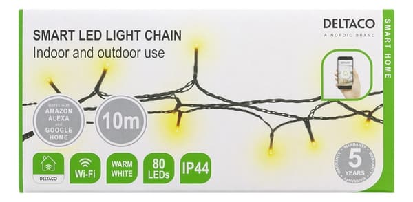 Deltaco Smart Home WiFi light chain, 10m, 80 led, adapter,IP44,WW