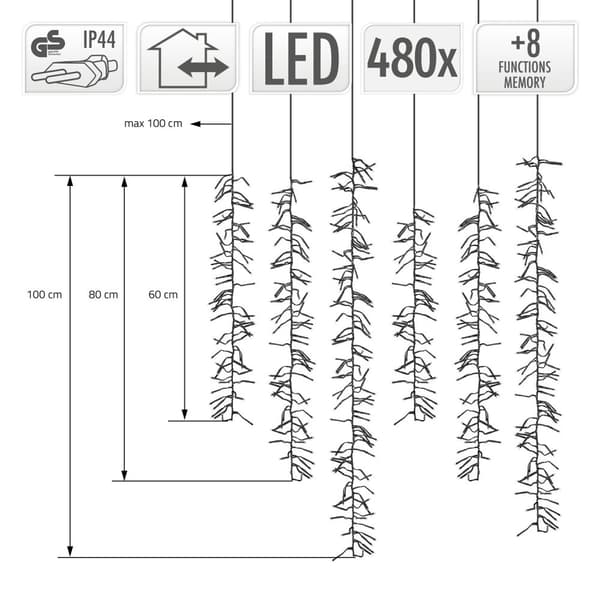 LED-valoverho 8 valotilaa 1m 480 lämpimän valkoisella LEDillä IP44 pistorasiaan pistorasiasta