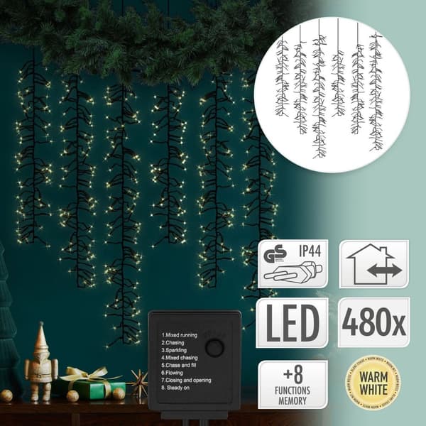 LED-lysgardin med 8 lystilstande 1 m med 480 varmhvide LED'er IP44-stikkontakt