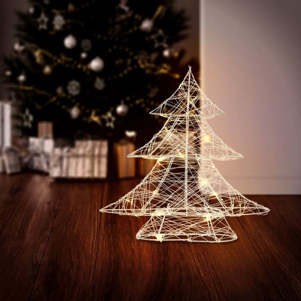 Dekorativt juletræ med varmhvide LED'er 30 cm højt i sølvfarvet metal