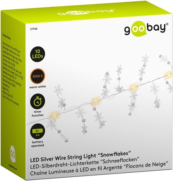 Goobay 10 LED-ljuskedja silvertråd "Snöflingor" med timerfunktion, varmvit (3000 K), batteridriven