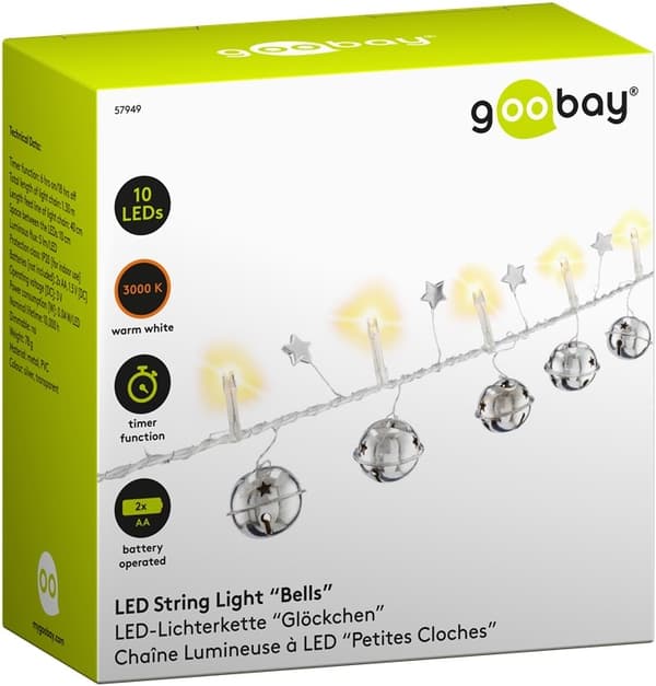 Goobay 10 LED-lampor "Klockor" med timerfunktion, varmvit (3000 K), batteridriven