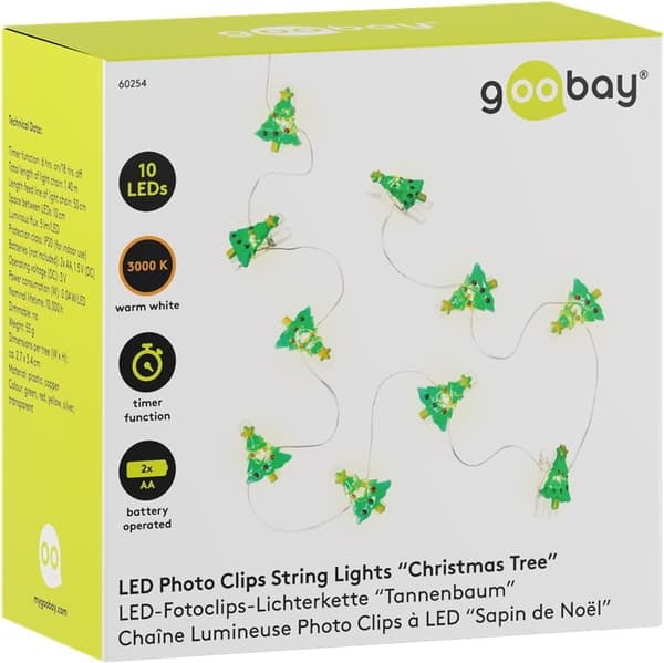 Goobay 10 LED fotoklip lyskæde "Juletræ" med timerfunktion, varm hvid (3000 K), batteridrevet
