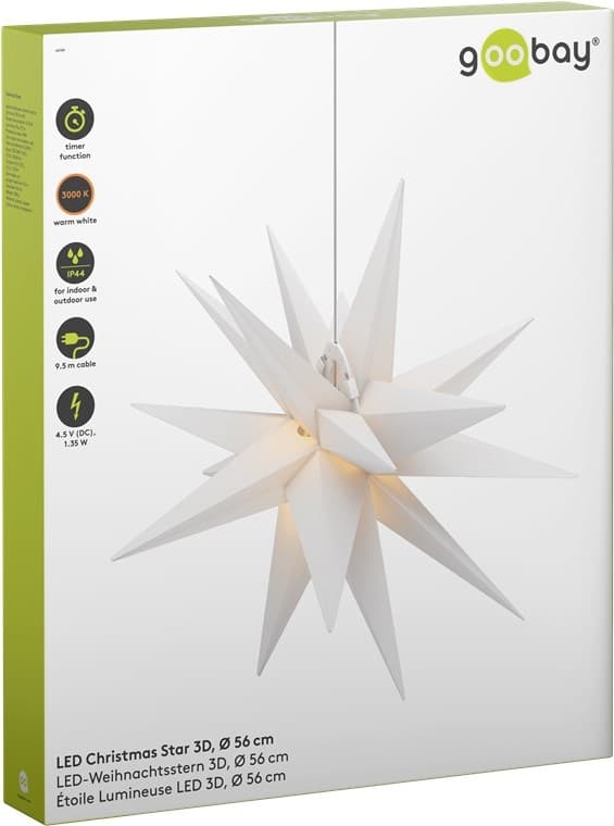 Goobay LED julestjerne 3D, Ø 56 cm, 4,5 V utendørs transformator med timer og 18 spisser, varmhvit (3000 K), værbestandig plast (IP44), kabel 9,5 m