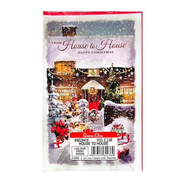 Simon Elvin Happy Christmas House To House Winter Scene Christmas Card (Pack of 6) White/Brown/Red One Size