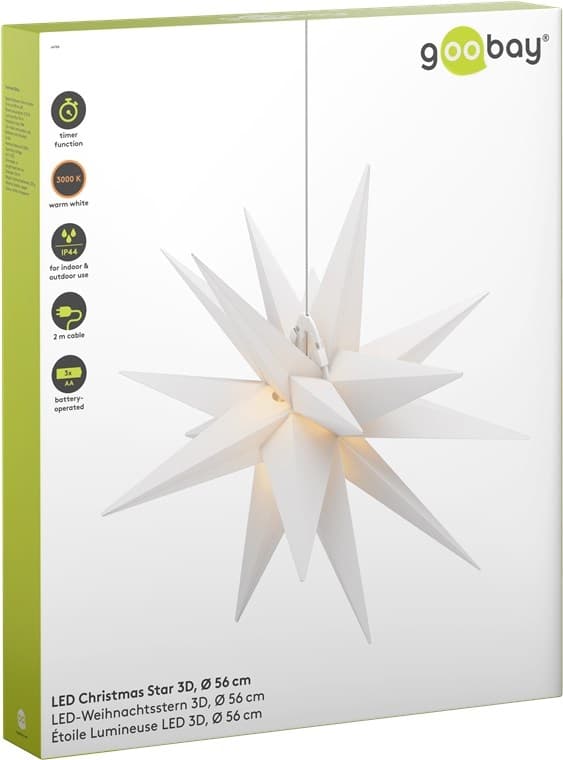 Goobay LED julestjerne 3D, Ø 56 cm, batteridrevet med timer og 18 spisser, varmhvit (3000 K), værbestandig plast (IP44), kabel 2 m