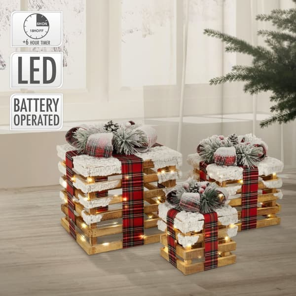 LED-presentask Juldekoration set om 3 brunt trä batteridriven med timer