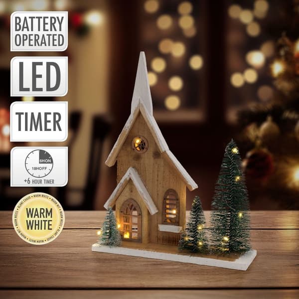Dekorativt julhus täckt av snö med varmvit LED-belysning batteridrivet inkl. timer tillverkat av trä